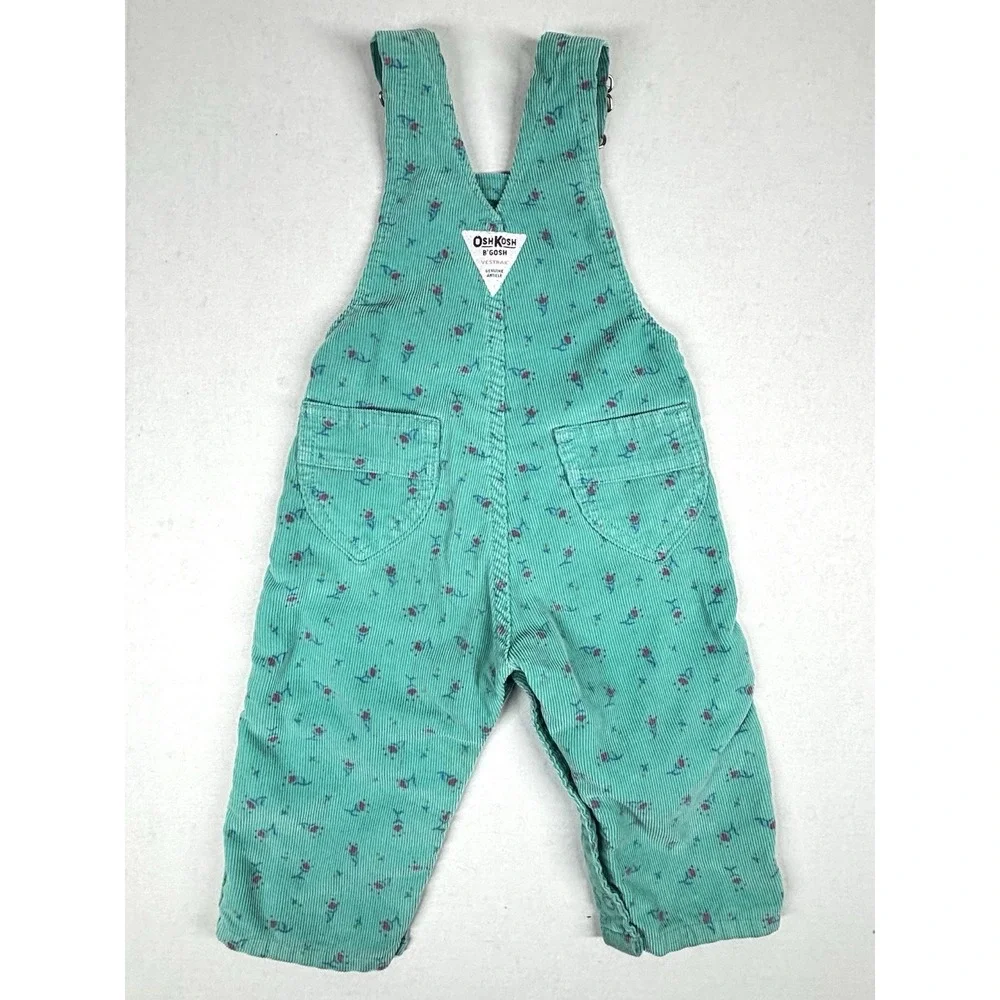 VTG OshKosh B'Gosh Floral Corduroy Overalls Girls‎ 18 month Green Triangle